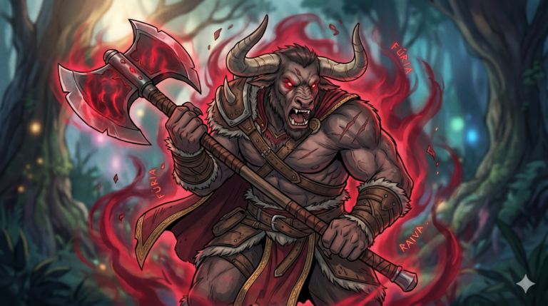 Guia completo do Bárbaro em Tormenta 20: Fúria, o combo Frenesi + Crítico Brutal, melhores poderes, sinergias de raça e builds nível a nível.